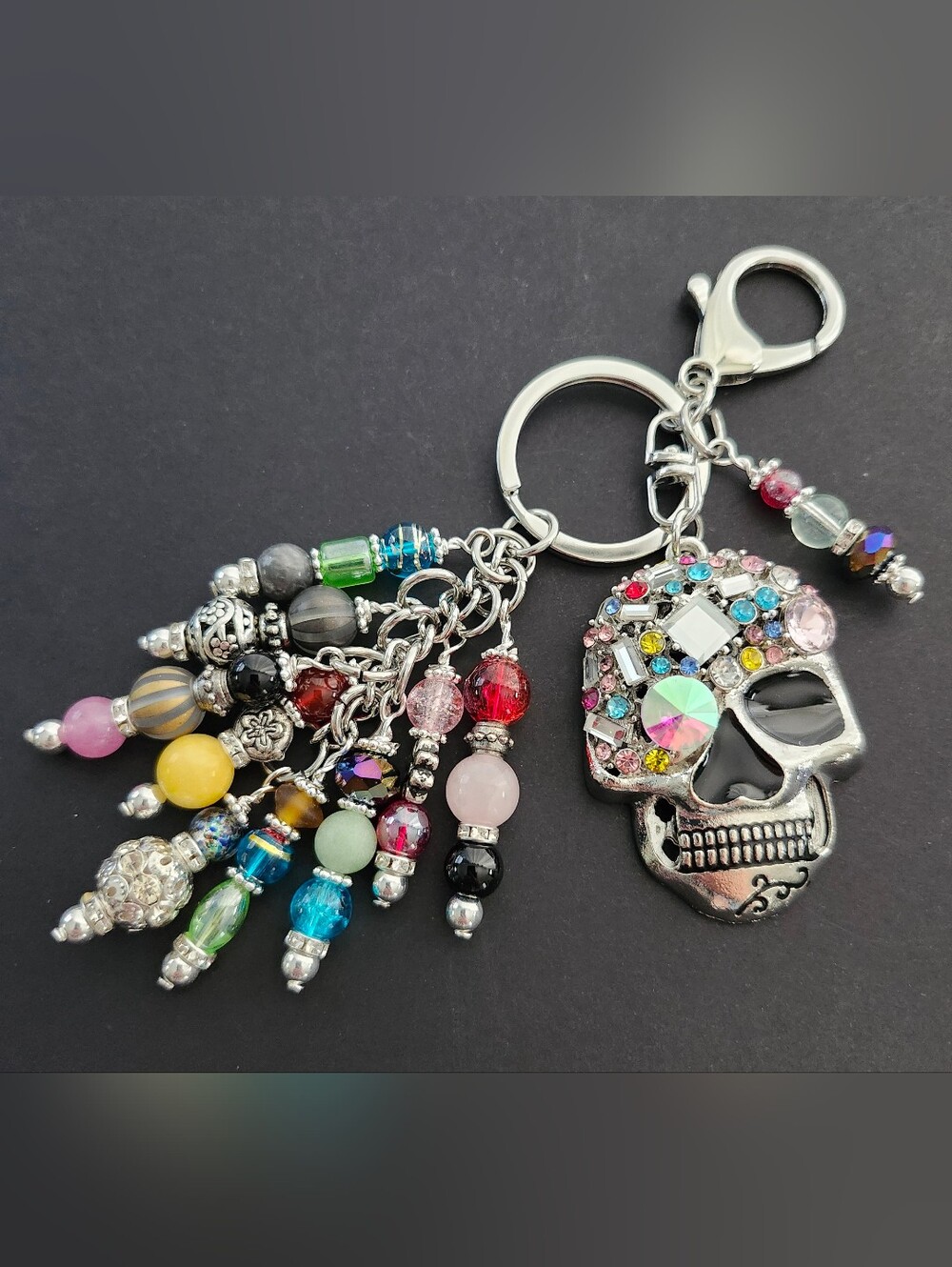 Skull Rhinestone Purse Charm or Keychain  Quartz Jasper Carnelian Handcrafted